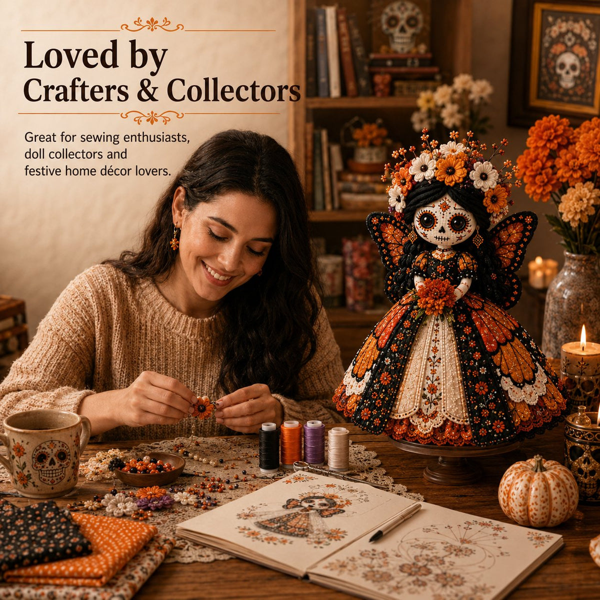 š Day of the Dead Patchwork Doll DIY Sewing Kit ā Handmade Fabric Doll Making Kit with Floral Details