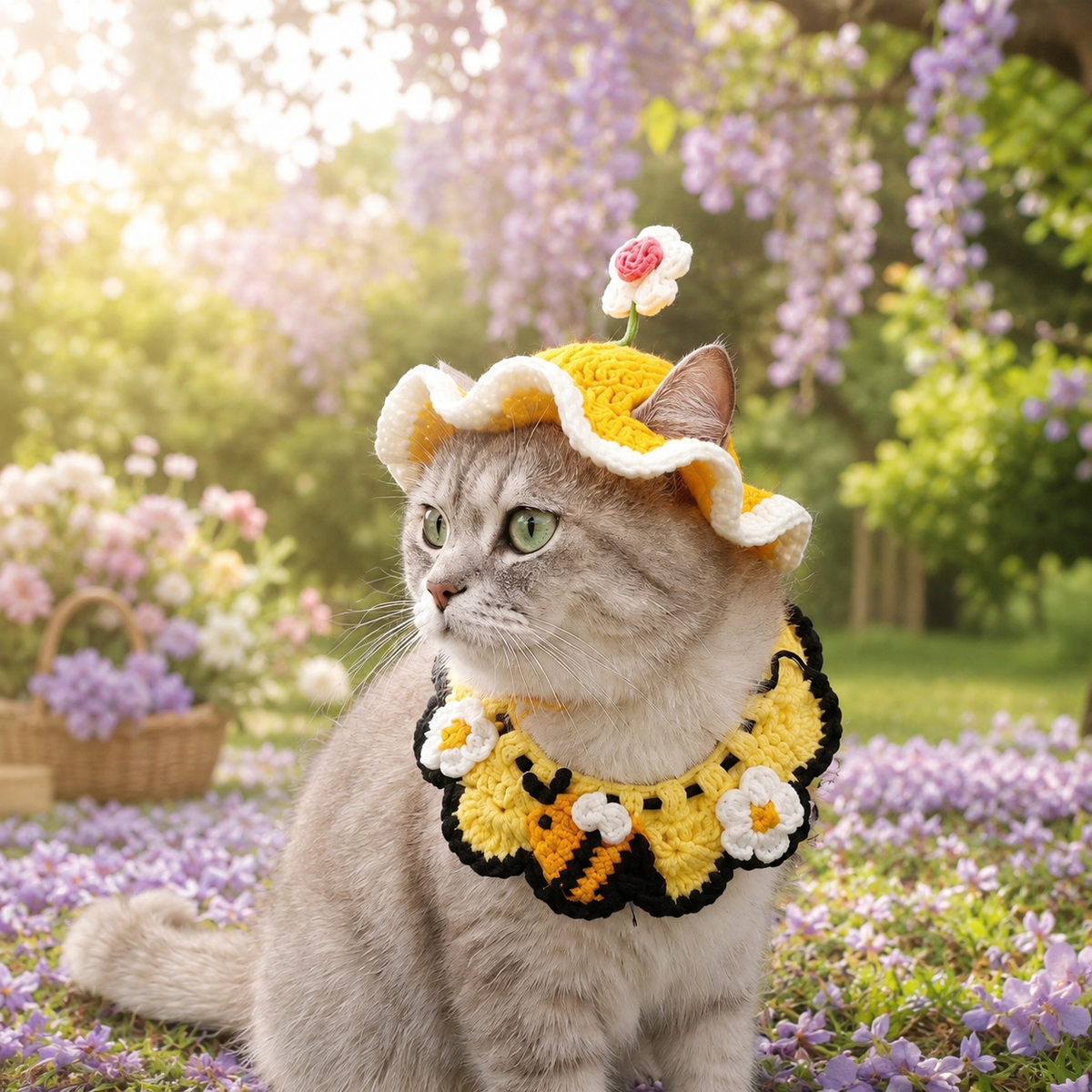 Handmade Crochet Pet Hat โ Cute Character Bonnet for Cats