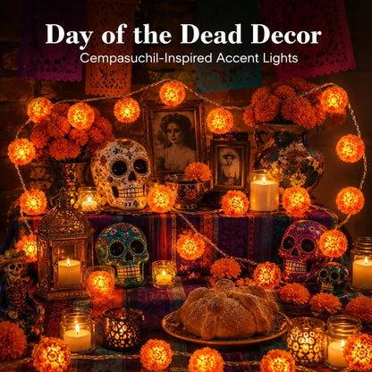 New Arrival 50% OFF! 🌼 Artificial Marigold Flower Led String Light – Perfect For Day Of The Dead & Halloween, 20 Leds. Create A Festive Altar Or Spooky Porch! 🕯️🎃🧡